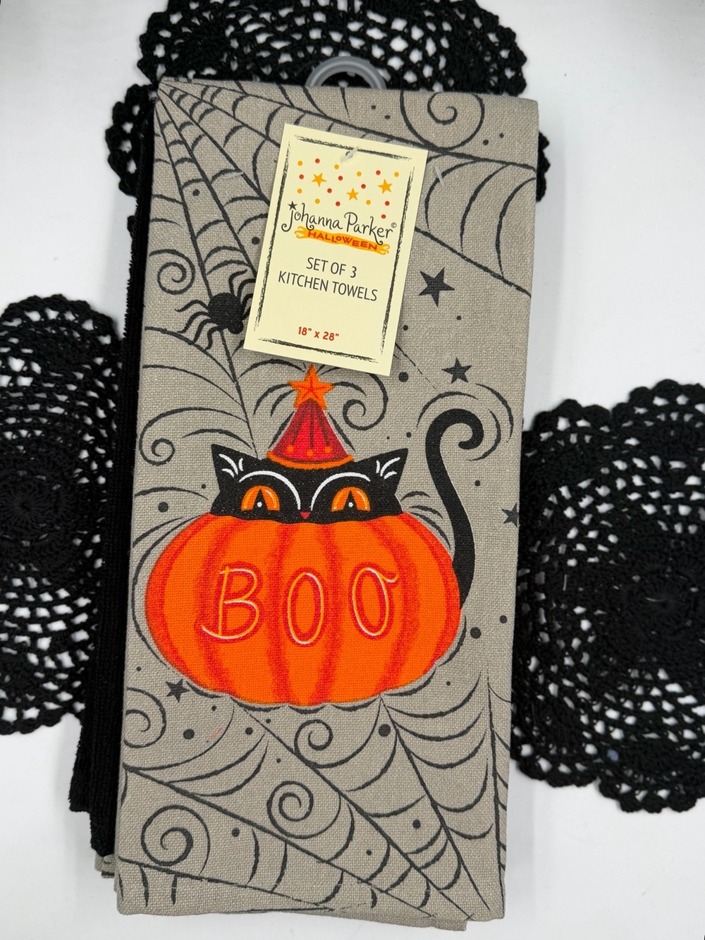 Johanna Parker Halloween Black Cat BOO Pumpkin Kitchen Towels Set of 3 New